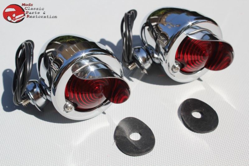 Small Mini Red Marker Lights W Visor Chrome Custom Car Truck Hot Rod